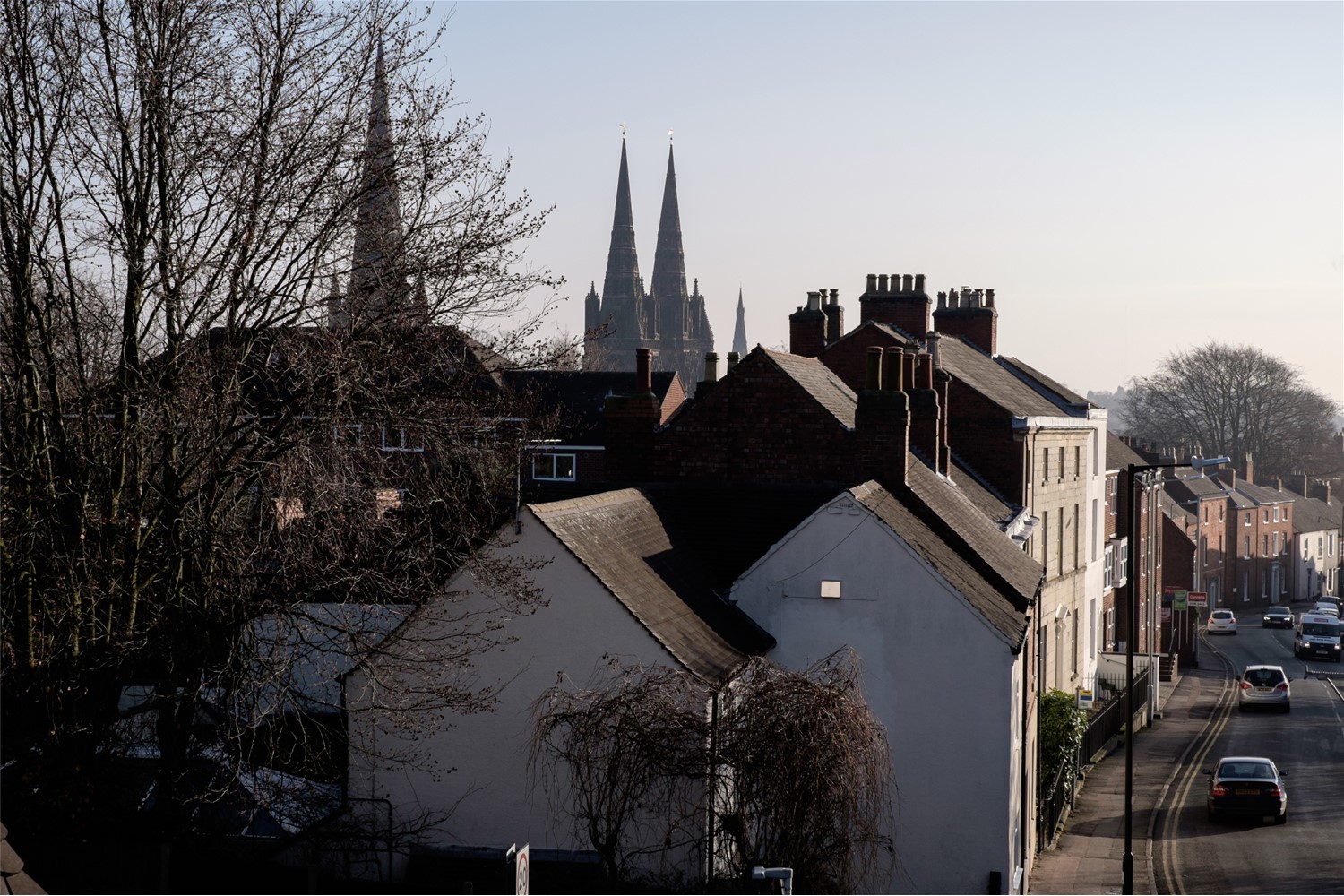 View across Lichfield rooftops towards the cathedral
