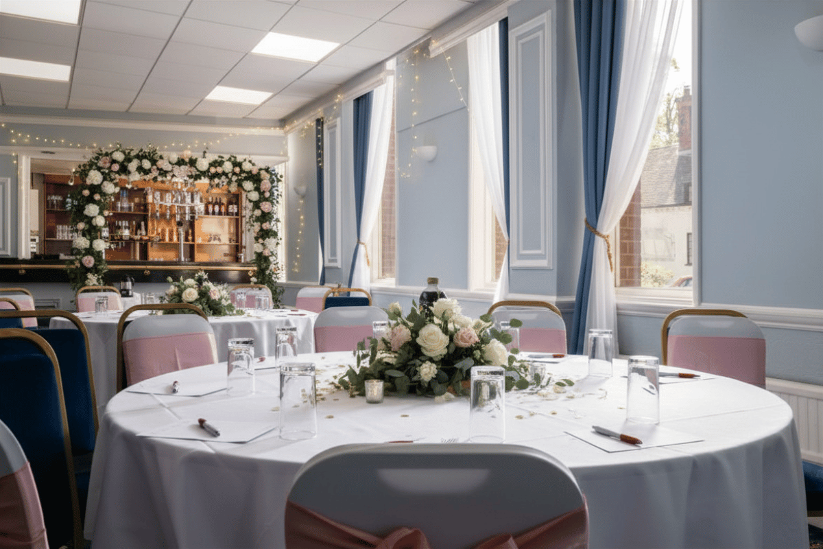 Wedding table with flowers beside the private bar