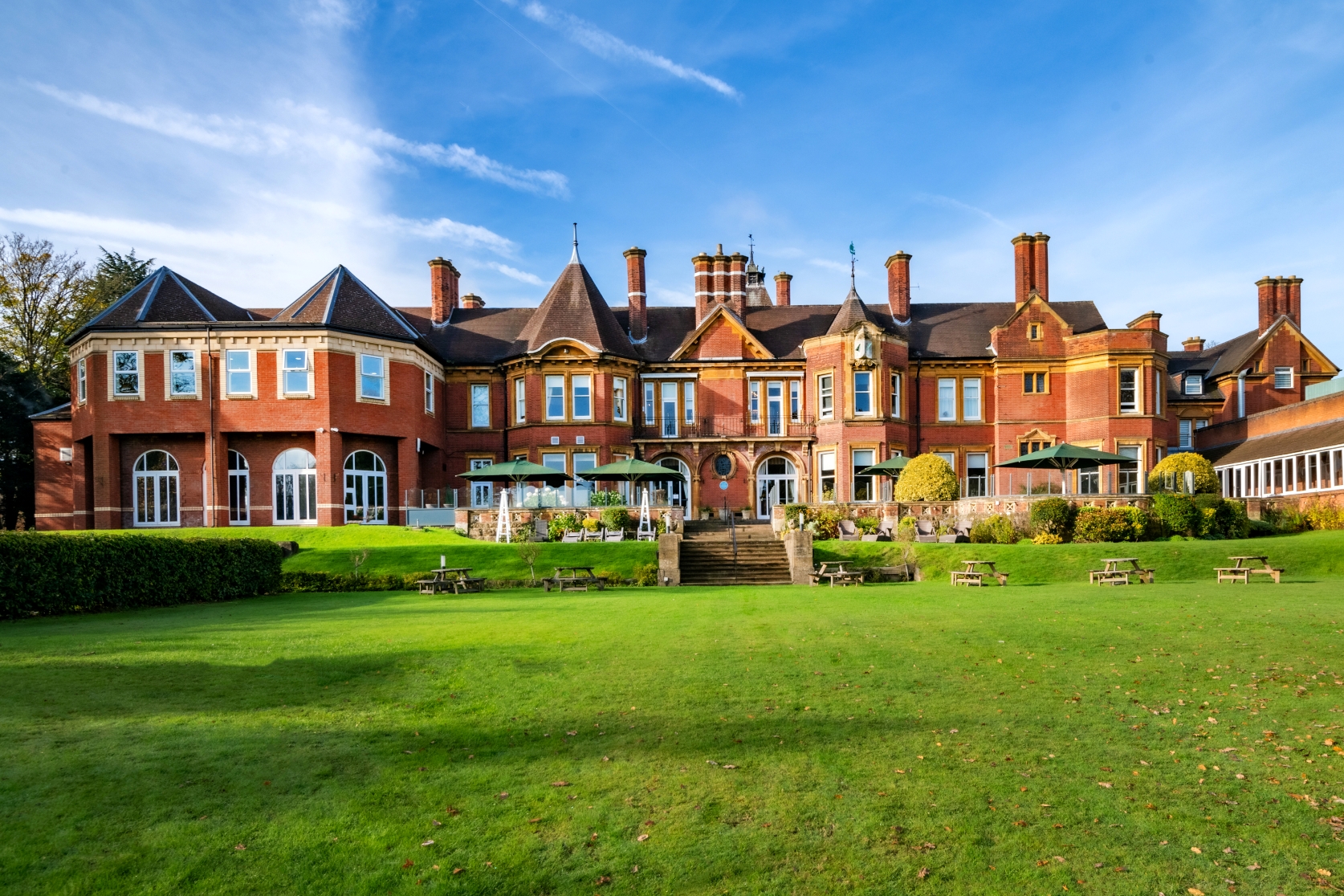Moor Hall Hotel overlooking its lawns and garden terrace