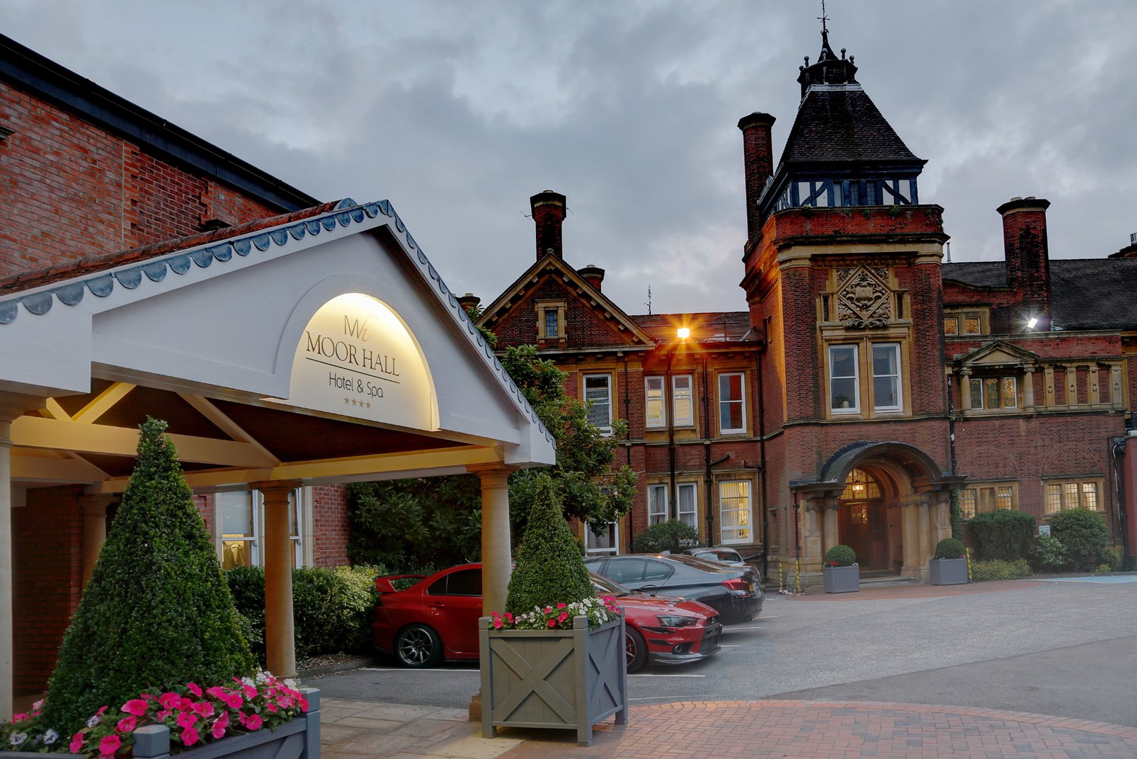 Moor Hall Hotel entrance and clock tower